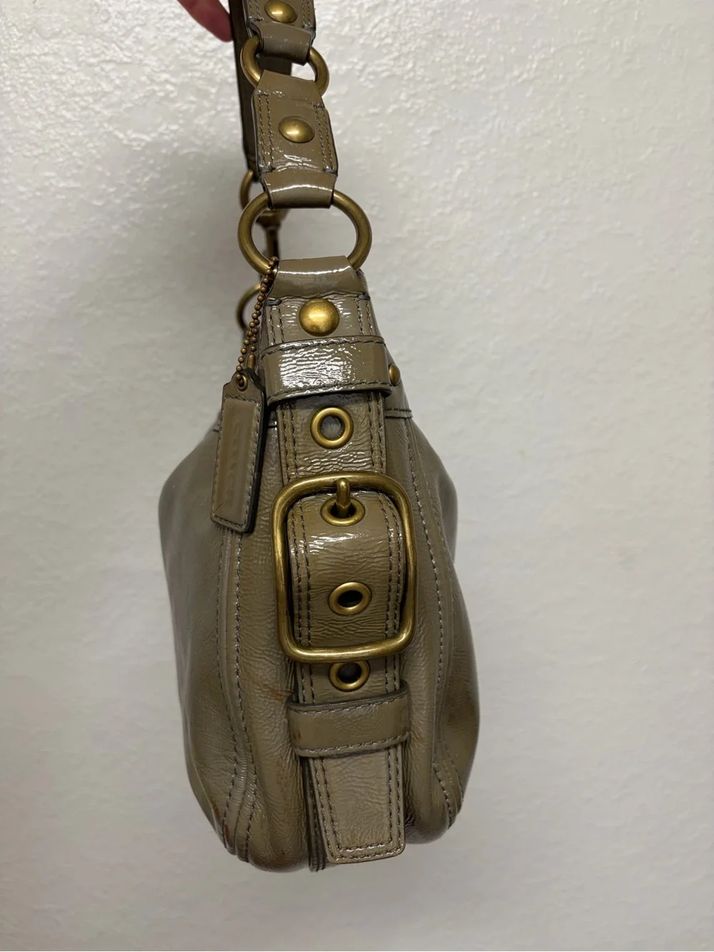 Coach Olive Green Patent Leather Hobo Shoulder Bag with Brass Hardware